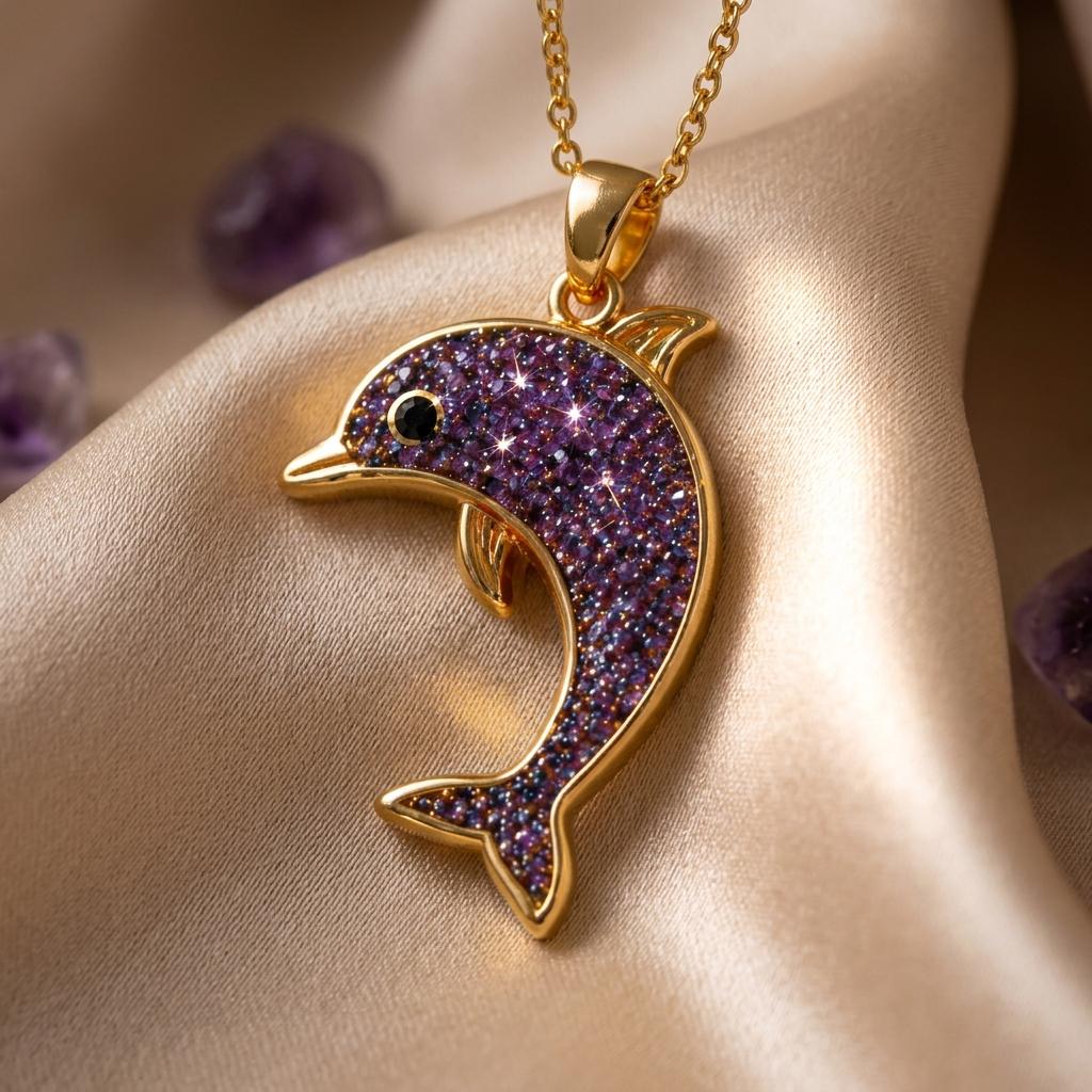 Amethyst Druzy Dolphin Necklace | Gold Plated 925 Silver | Oceanic Animal Theme | Meaningful Birthday Gift