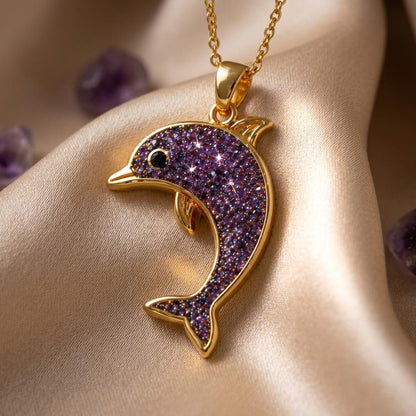 Amethyst Druzy Dolphin Necklace | Gold Plated 925 Silver | Oceanic Animal Theme | Meaningful Birthday Gift