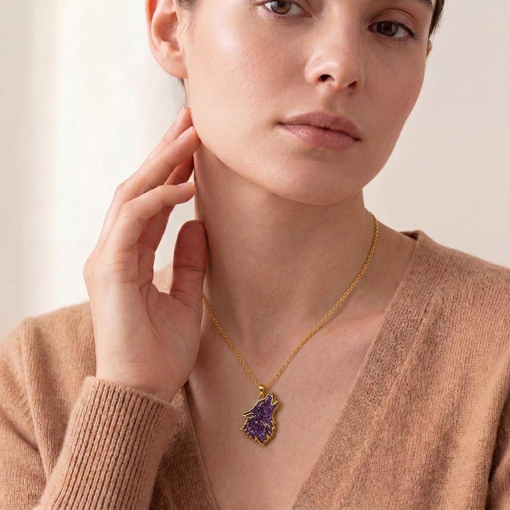 Amethyst Druzy Wolf Necklace | 925 Sterling Silver | Spiritual Animal Jewelry | Empowerment Gift