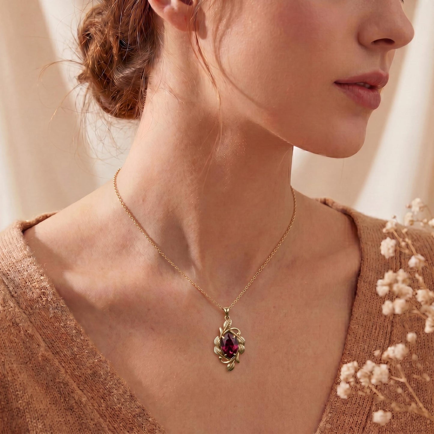 Crimson Leaf Vine Birthstone Necklace | 925 Sterling Silver | Nature Inspired Design | Thoughtful Birthday Gift