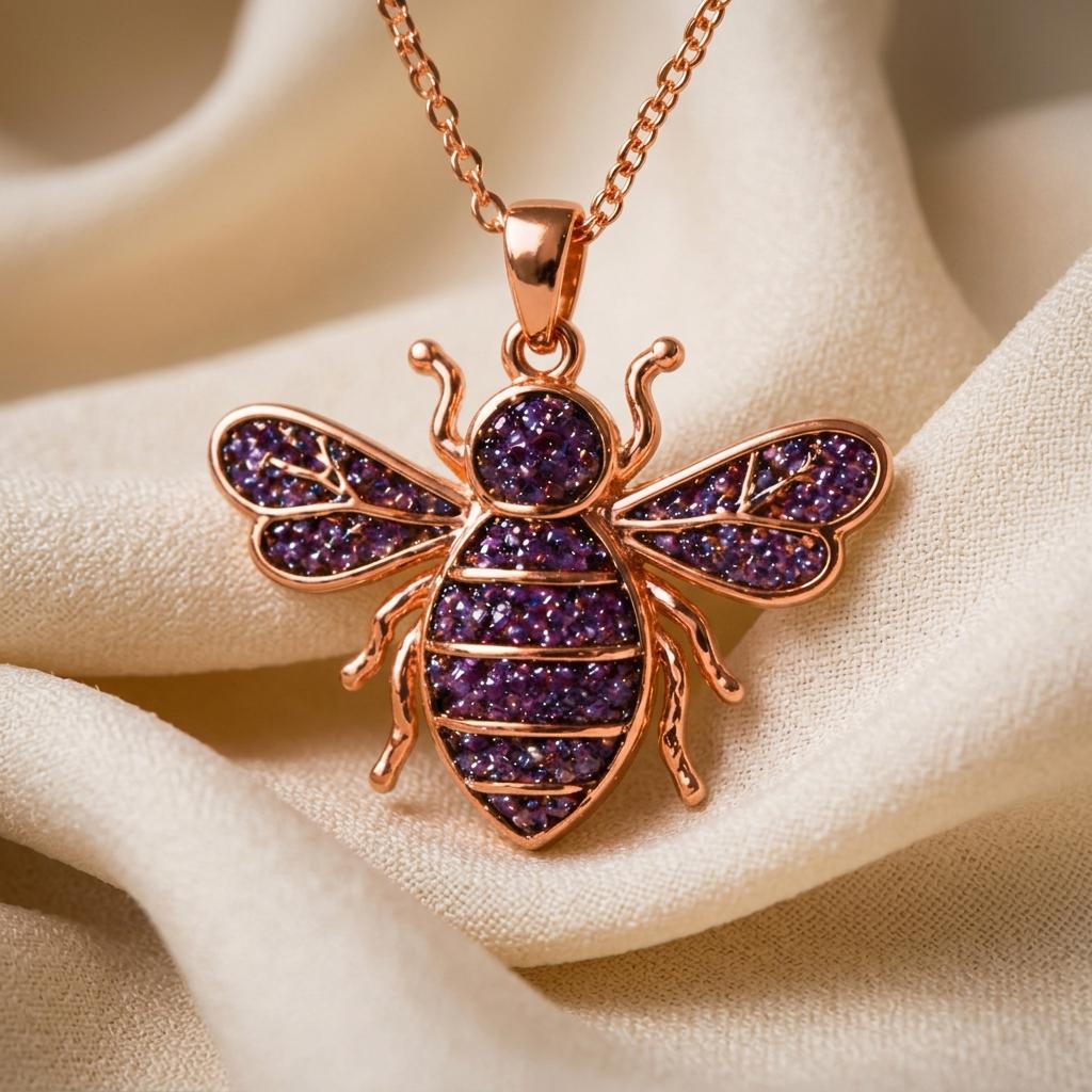 Amethyst Druzy Bee Necklace | 925 Sterling Silver | Nature Inspired Charm | Meaningful Gift for Her