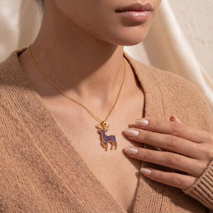Amethyst Druzy Deer Necklace | Gold Plated 925 Silver | Nature Inspired Jewelry | Thoughtful Gift for Her