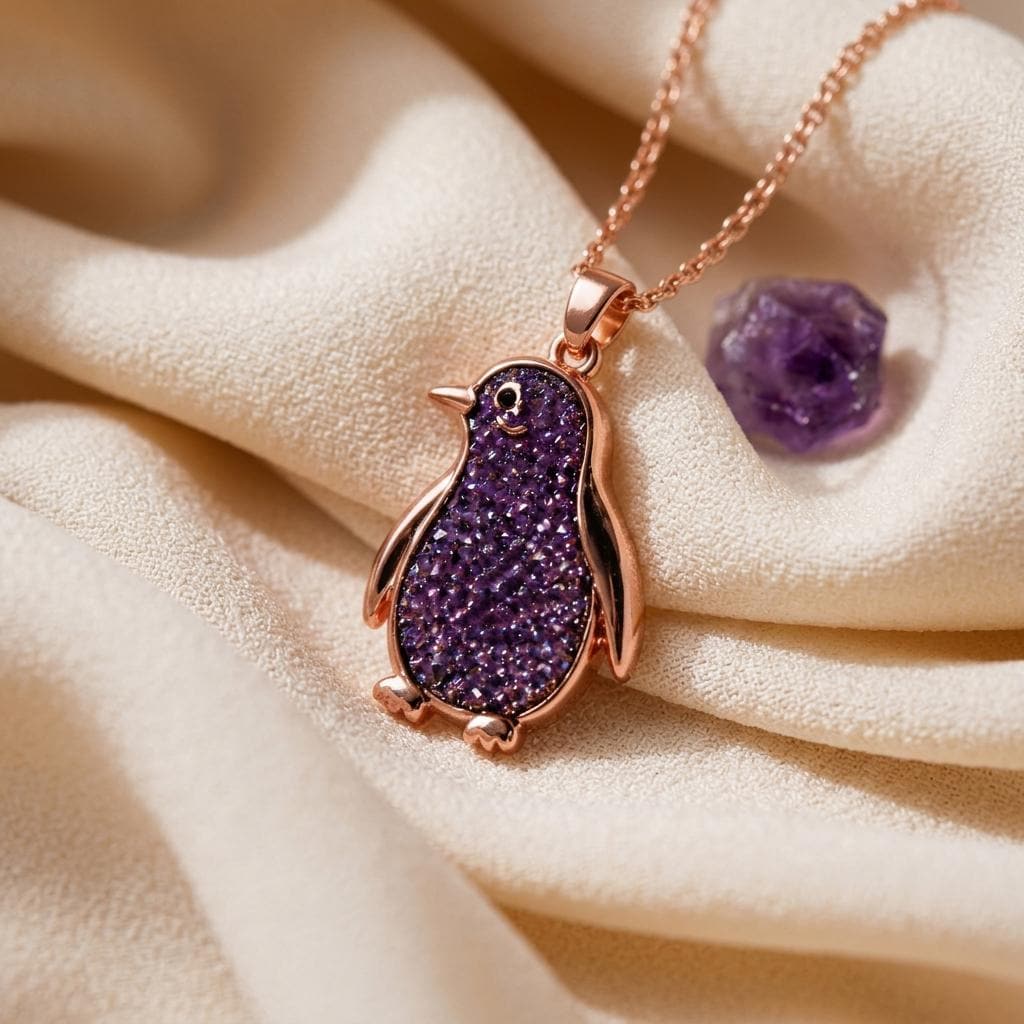 Amethyst Druzy Penguin Necklace | 925 Sterling Silver | Sparkling Animal Charm | Thoughtful Gift for Her