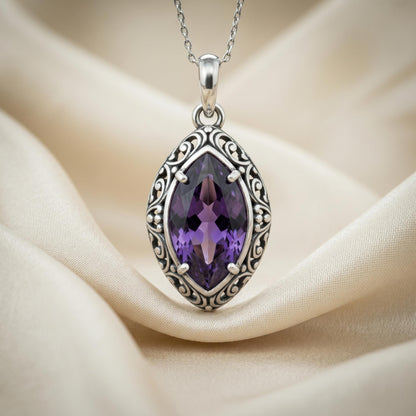 Queen’s Eye Birthstone Pendant Necklace | 925 Sterling Silver | Vintage Filigree Style | Meaningful Birthday Gift