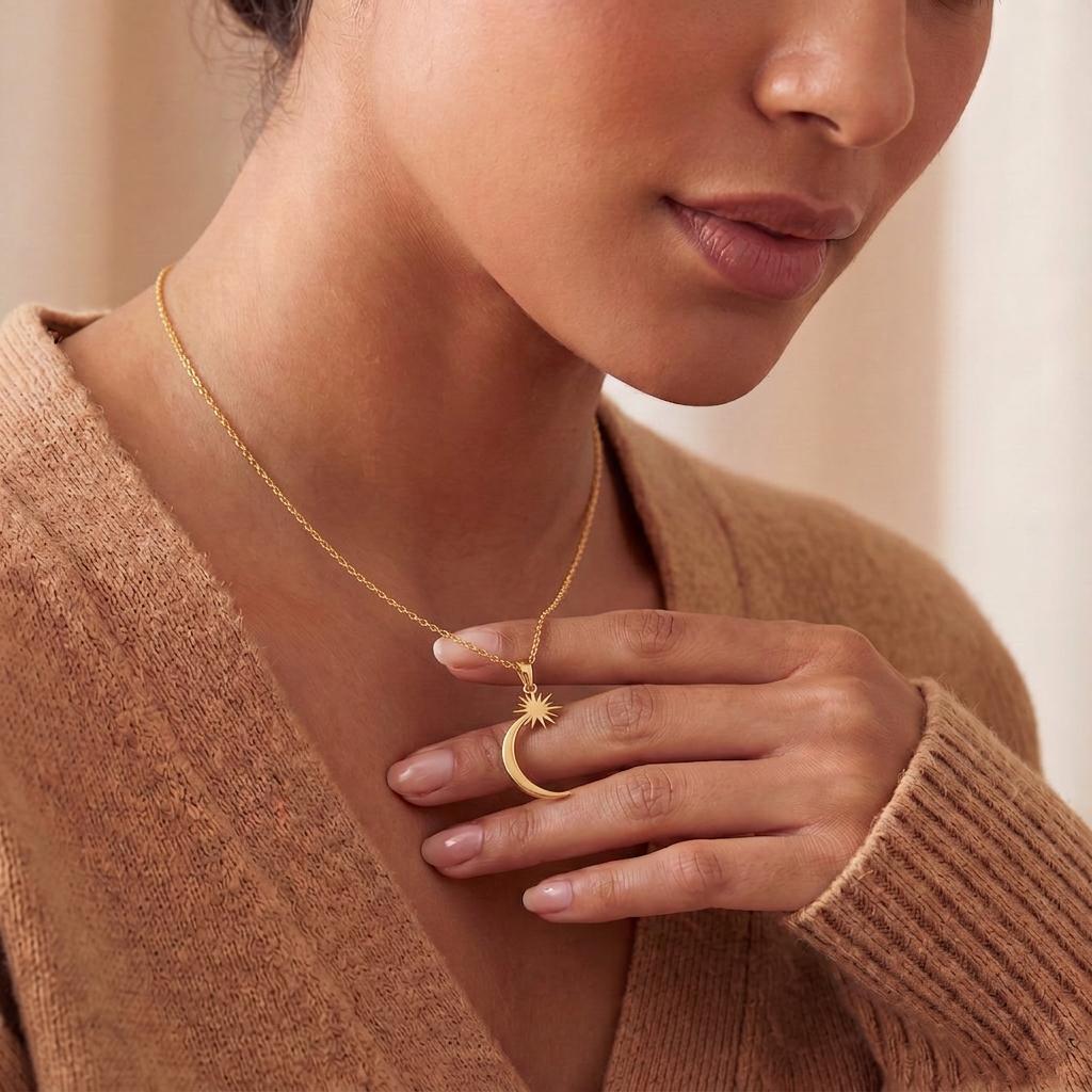 Celestial Crescent Star Necklace | 925 Sterling Silver | Cosmic Theme Jewelry | Meaningful Gift for Her
