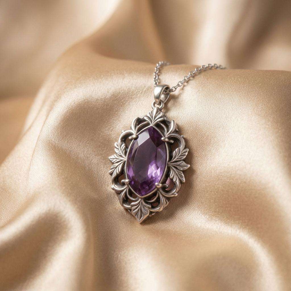 Custom Amethyst Baroque Frame Necklace | 925 Sterling Silver & Amethyst | Baroque Vintage Style | Meaningful Gift for Her