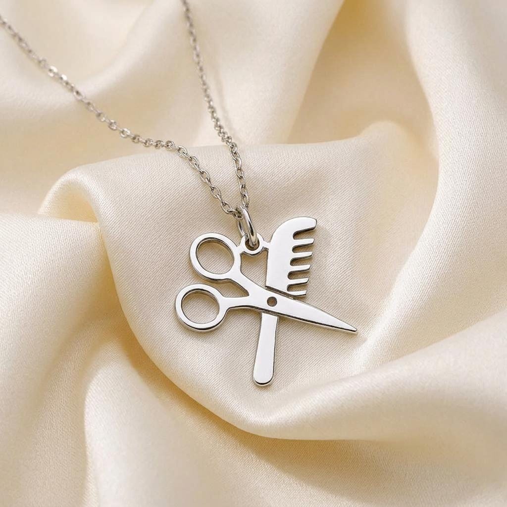 Hairdresser Scissors Comb Necklace | 925 Sterling Silver Jewelry | Minimalist Barber Symbol Pendant | Gift for Hairstylist