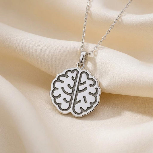 925 sterling silver Brain Necklace with rounded brain pendant on champagne satin