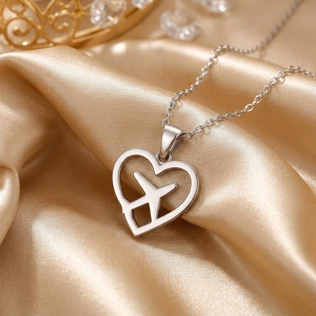 Heart Airplane Necklace, Handmade Sterling Silver Pendant, Minimalist Travel Jewelry