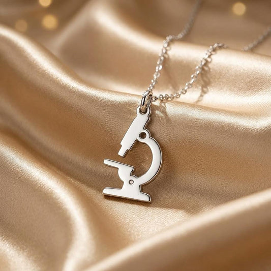 Close-up of a microscope-shaped pendant necklace on champagne satin
