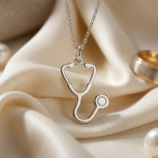 Silver open-outline stethoscope pendant necklace close-up on cream satin