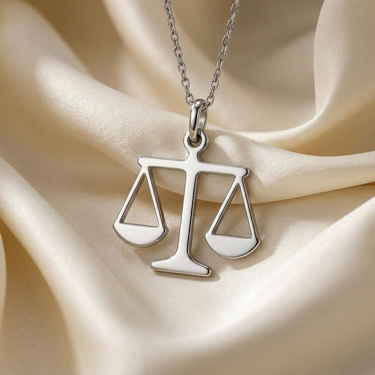 Close-up of the openwork Scales of Justice pendant on champagne satin