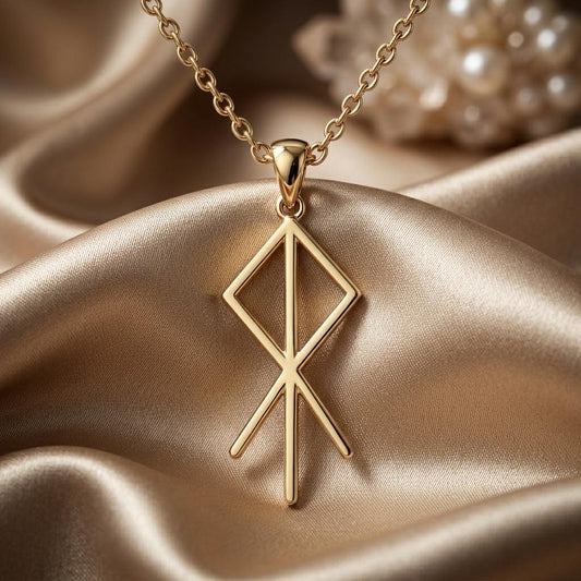 Gold Plated Silver Viking Heart Rune pendant necklace on champagne-colored satin