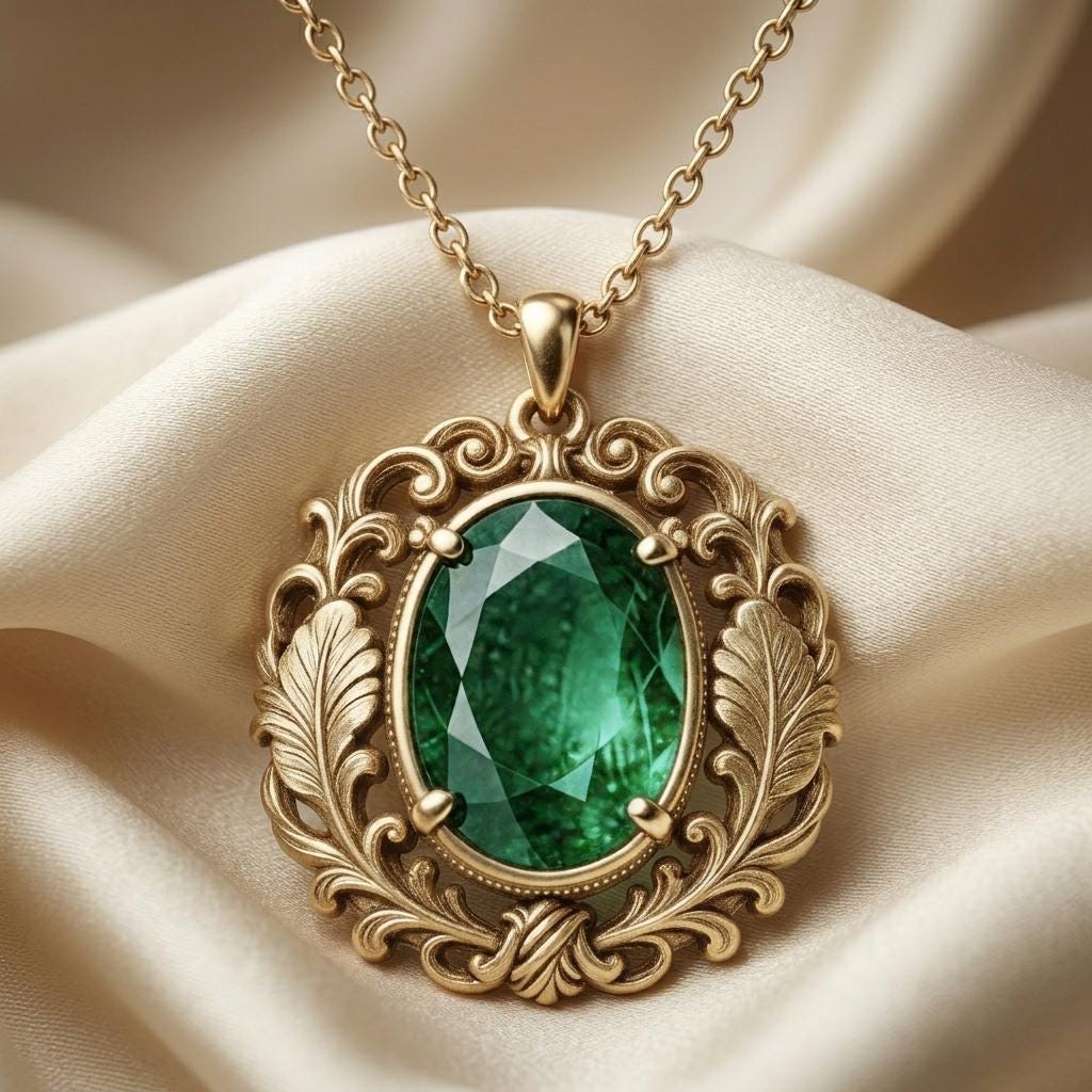 Vintage Emerald Birthstone Necklace | 925 Sterling Silver for Her | Ornate Botanical Design | Birthday Anniversary Gift