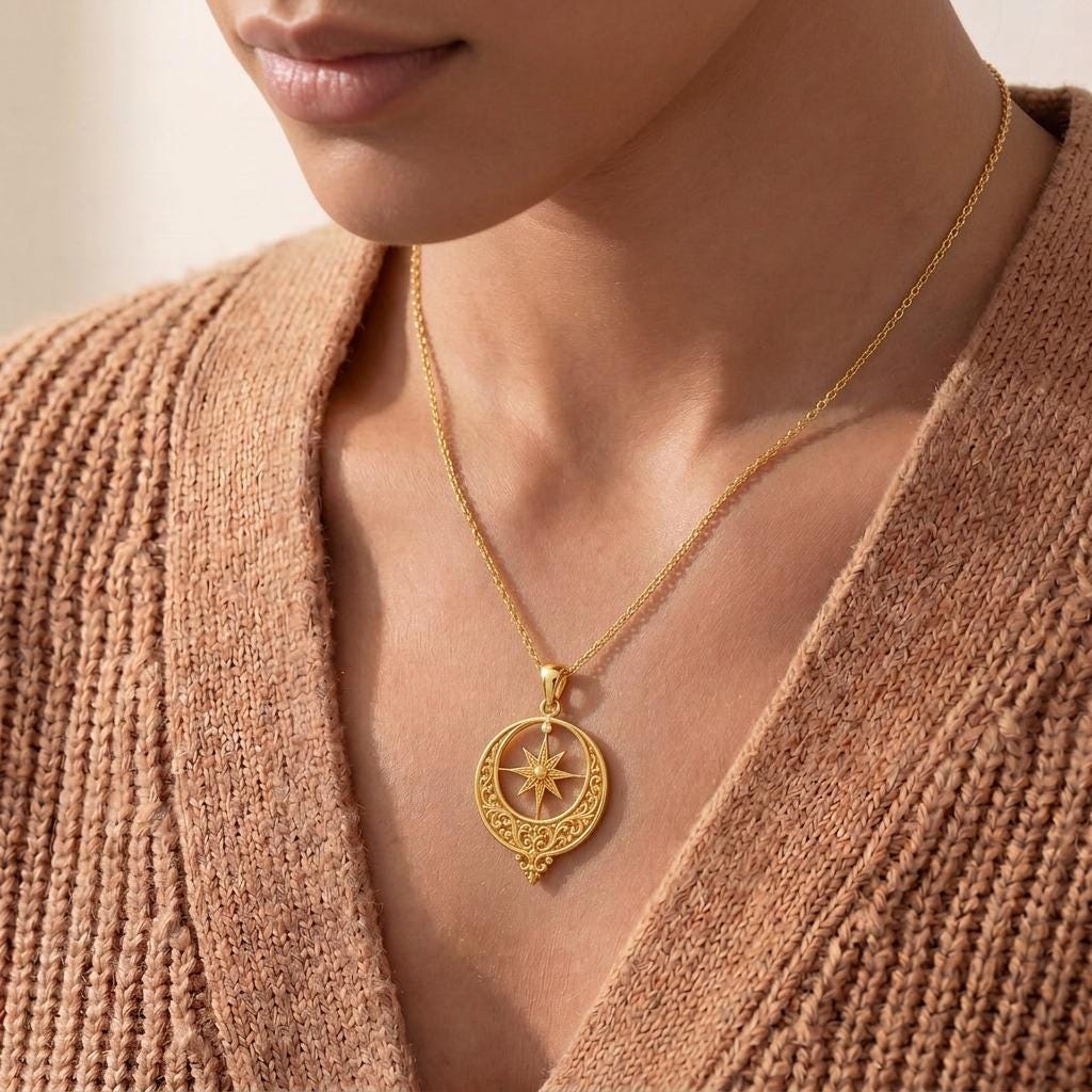 Ottoman Crescent Necklace | 925 Sterling Silver | Celestial Compass Design | Inspirational Guidance Gift