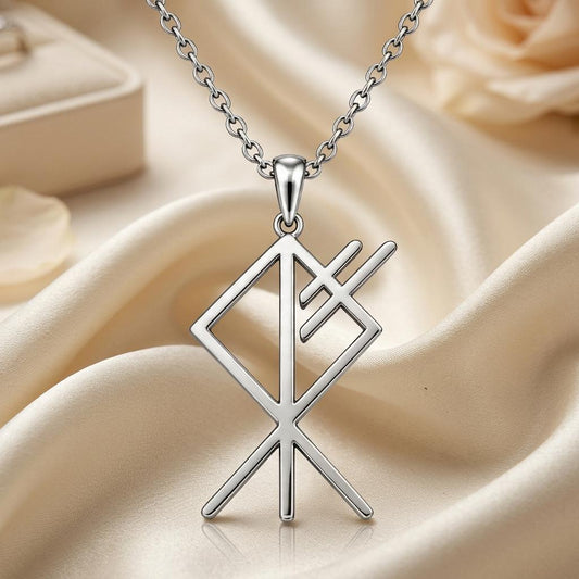 Silver Viking Wulf bind rune pendant close-up on cream satin