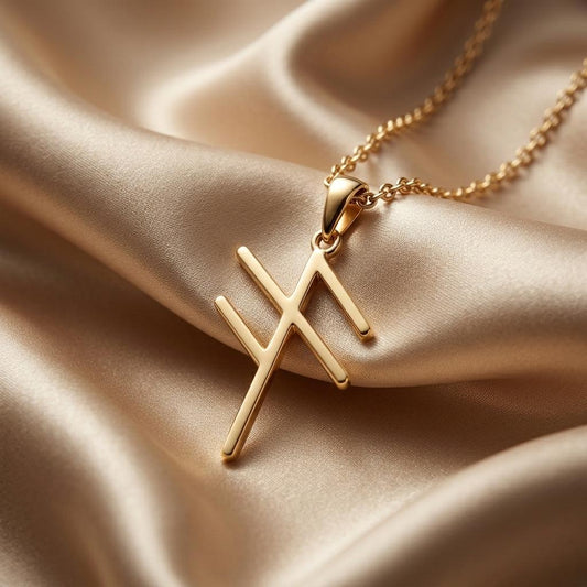 Gold Plated Silver Viking Communication Rune Necklace on champagne satin
