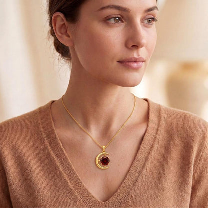Lunar Eclipse Pendant | Sterling Silver Red Gemstone | Celestial Cosmic Design | Meaningful Gift for Her