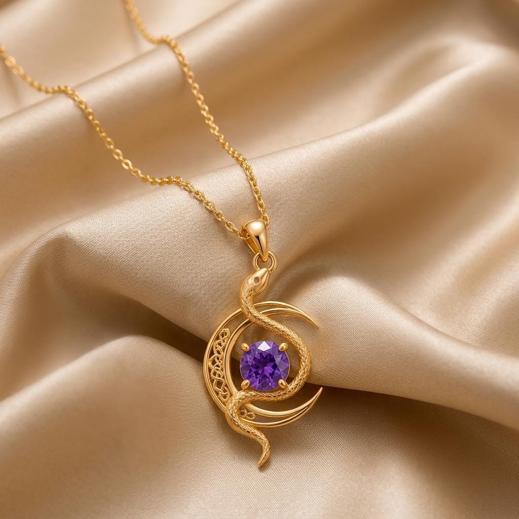 Serpent Moon Necklace | Sterling Silver Amethyst | Mystical Celestial Theme | Meaningful Spiritual Gift