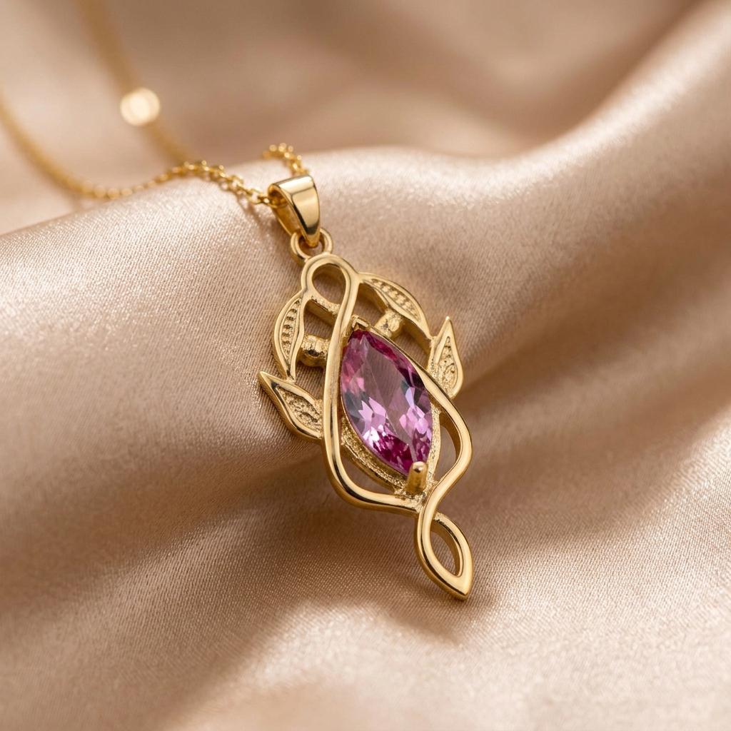 Elven Leaf Necklace | 14K Gold Plated Silver Jewelry | Pink Gem Fantasy Design | Enchanting Gift for Her