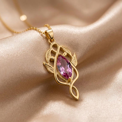 Elven Leaf Necklace | 14K Gold Plated Silver Jewelry | Pink Gem Fantasy Design | Enchanting Gift for Her