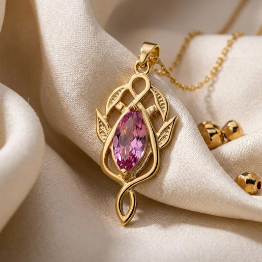 Elven Leaf Necklace | 14K Gold Plated Silver Jewelry | Pink Gem Fantasy Design | Enchanting Gift for Her