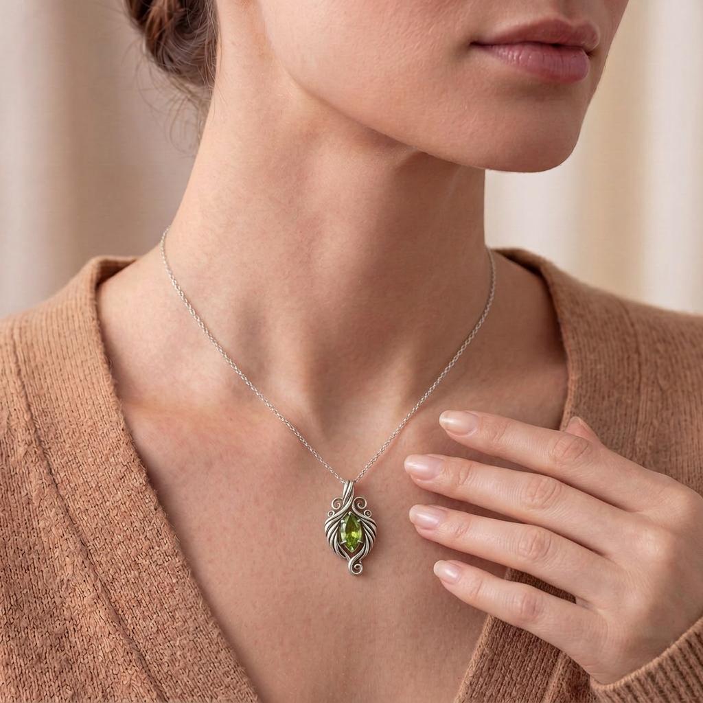 Elven Peridot Necklace | 925 Sterling Silver Women | Fantasy Leaf Filigree Design | Meaningful Gift for Nature Lovers