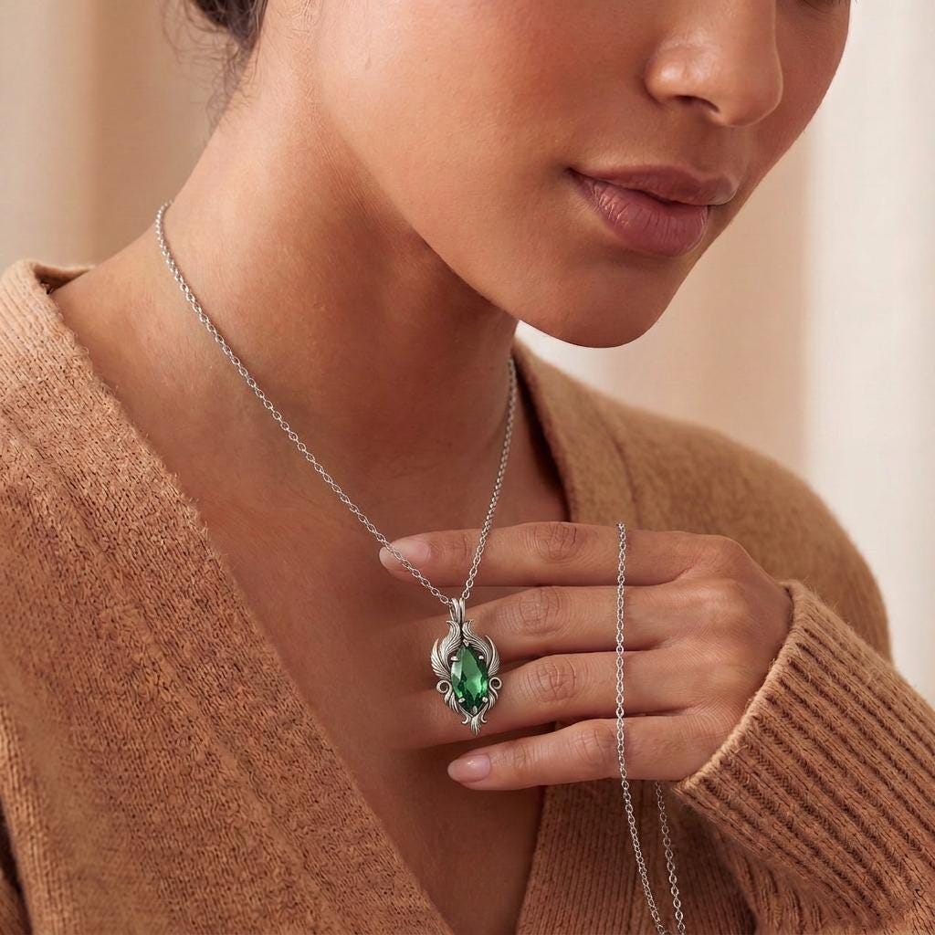 Emerald Gothic Necklace | 925 Sterling Silver Vintage Pendant | Antique Style Filigree Jewelry | Unique Gift for Her