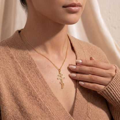 Gold Cross Necklace | 925 Sterling Silver Unisex Jewelry | Vintage Orthodox Pearl Cross | Religious Faith Gift