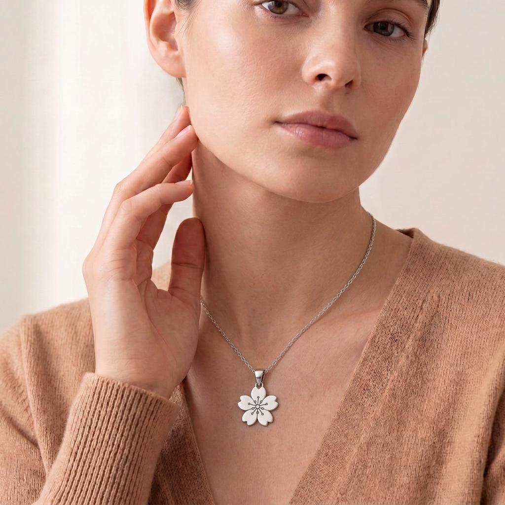 Handmade Sakura Flower Necklace | Solid 925 Sterling Silver Pendant | Minimalist Floral Jewelry | Gift of Renewal and Inner Peace