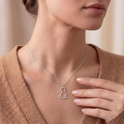 Cat Outline Necklace | 925 Sterling Silver Jewelry | Minimalist Animal Silhouette | Meaningful Gift for Cat Lovers