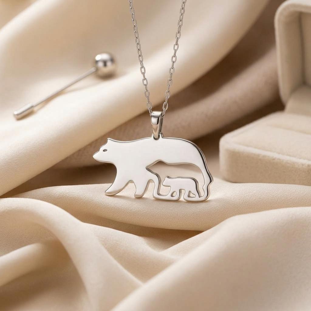 Bear and Cub Silver Necklace, Mother and Child Animal Jewelry, Handmade 925 Sterling Silver Pendant