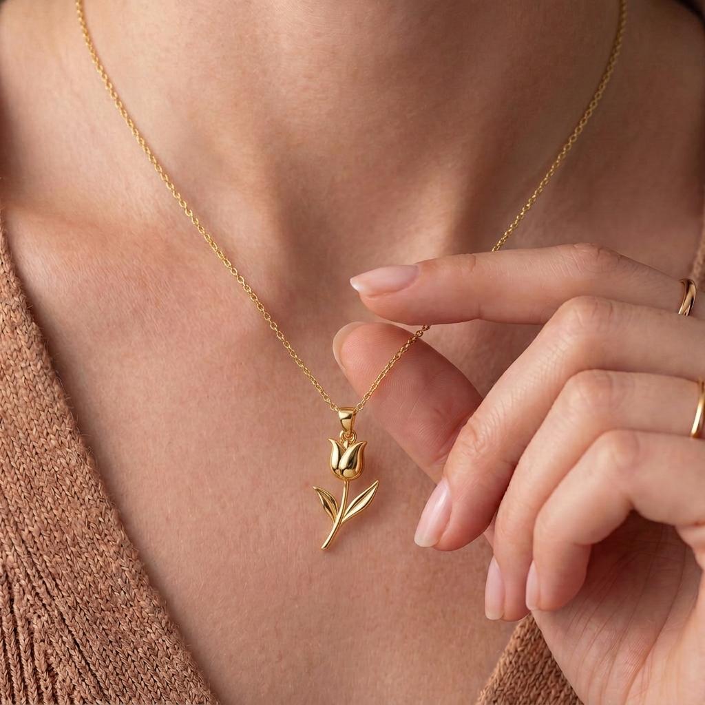 Tulip Flower Necklace | 925 Sterling Silver Pendant | Botanical Spring Design | Birthday and Mother Gift