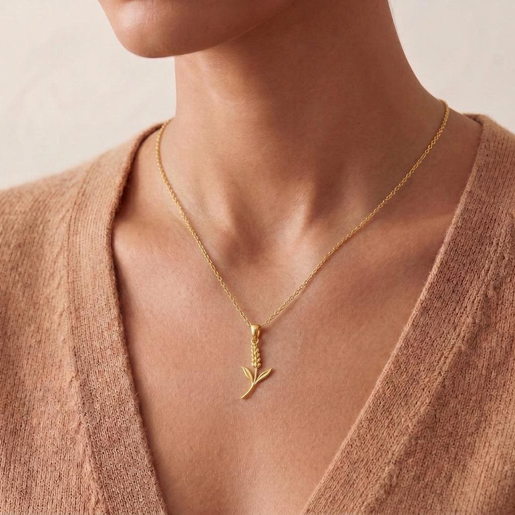 Lavender Flower Pendant Necklace | 18K Gold Plated 925 Silver Jewelry | Minimal Botanical Design | June Birth Flower Gift