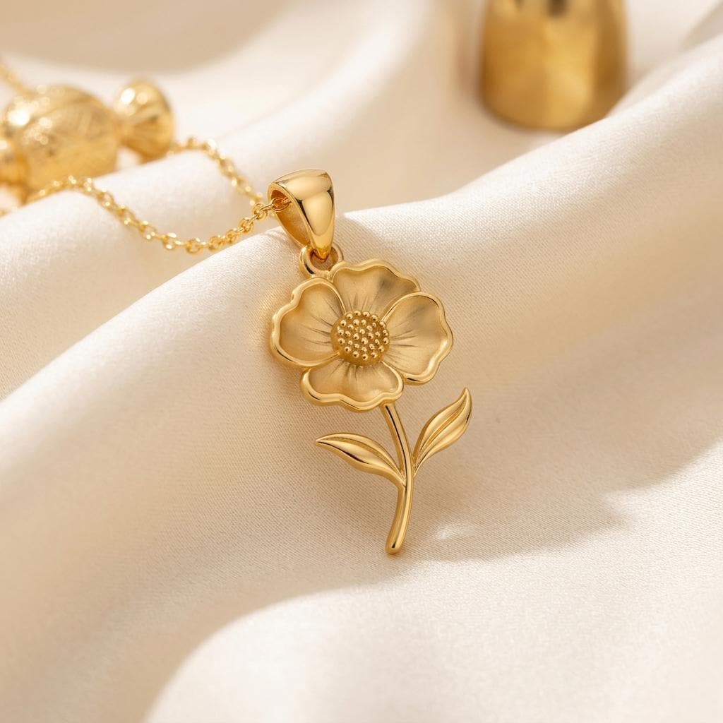 Handmade Poppy Flower Necklace | 18K Gold Plated 925 Silver Pendant | Botanical Floral Symbolism | Remembrance and Peace Gift