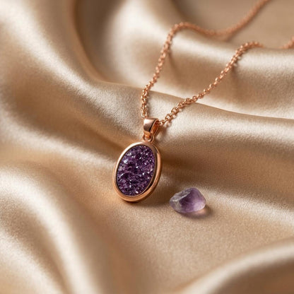 Amethyst Druzy Oval necklace | 925 Sterling Silver | Elegant Gemstone Jewelry | Thoughtful Gift for Her