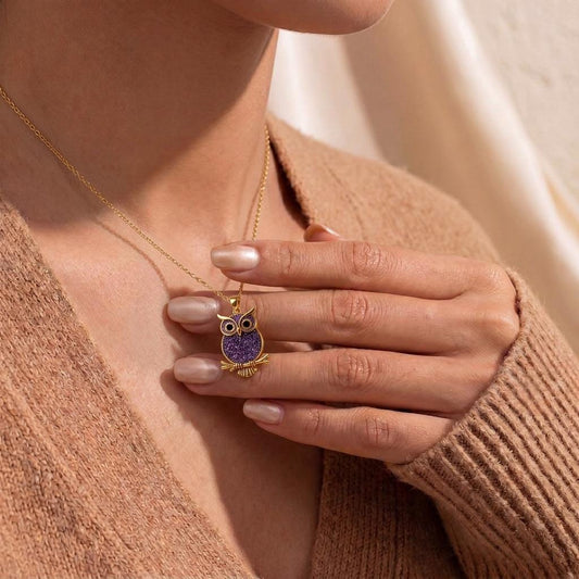 Close-up of handmade Amethyst Druzy Owl Necklace | 925 Sterling Silver | Nature Inspired Animal Design | Wisdom & Protection Gift