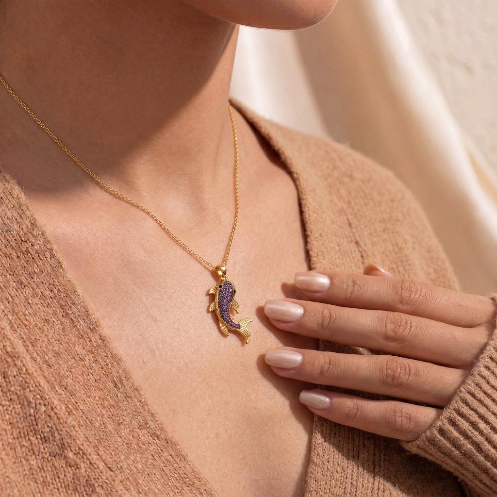 Amethyst koi fish druzy necklace | 925 Sterling Silver Plated | Symbolic Ocean Theme | Good Luck & Prosperity Gift