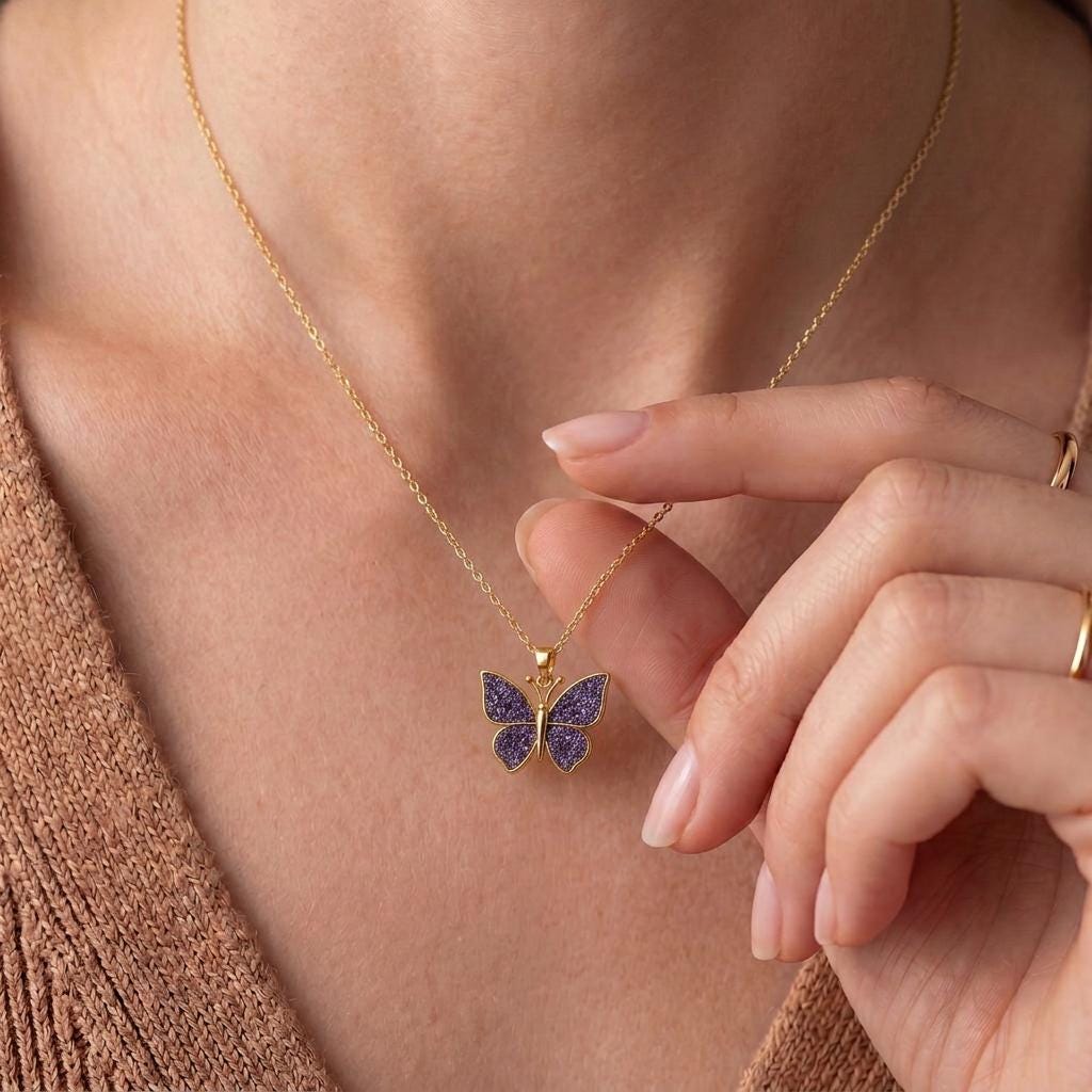 Amethyst Druzy Butterfly Necklace | Gold Plated 925 Silver | Nature Inspired Whimsy | Symbolic Gift for Her