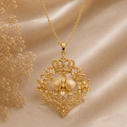 Regal Orchid Crown Pendant | 925 Sterling Silver for Women | Ornate Floral Vintage Style | Elegant Anniversary Birthday Gift