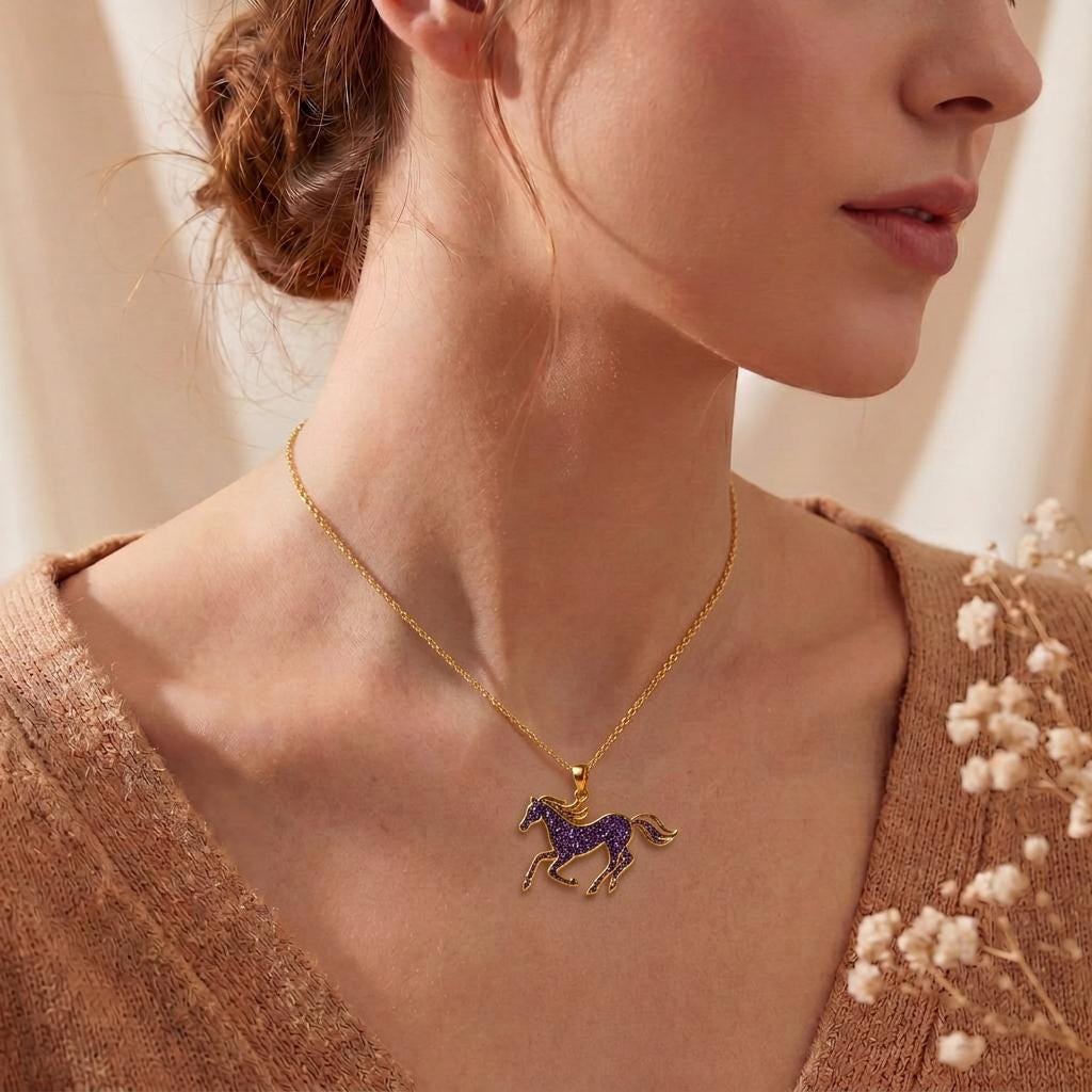 Amethyst Druzy Horse Necklace | 925 Sterling Silver Jewelry | Equestrian Animal Theme | Unique Gift for Her