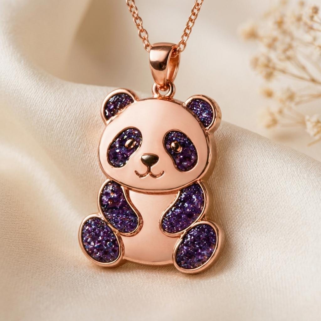 Amethyst Druzy Panda Necklace | Sterling Silver for Women & Girls | Cute Whimsical Animal Style | Perfect Birthday Gift for Her
