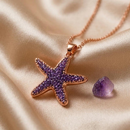 Amethyst Druzy Starfish Necklace | Gold Plated Silver Jewelry | Oceanic Nature Theme | Thoughtful Birthday Gift
