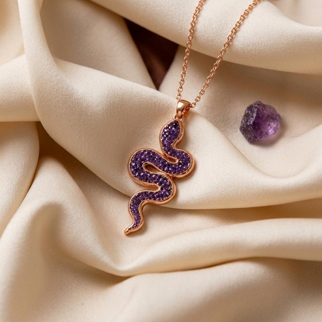 Amethyst Druzy Snake Necklace | 925 Sterling Silver | Mystical Serpent Design | Meaningful Spiritual Gift