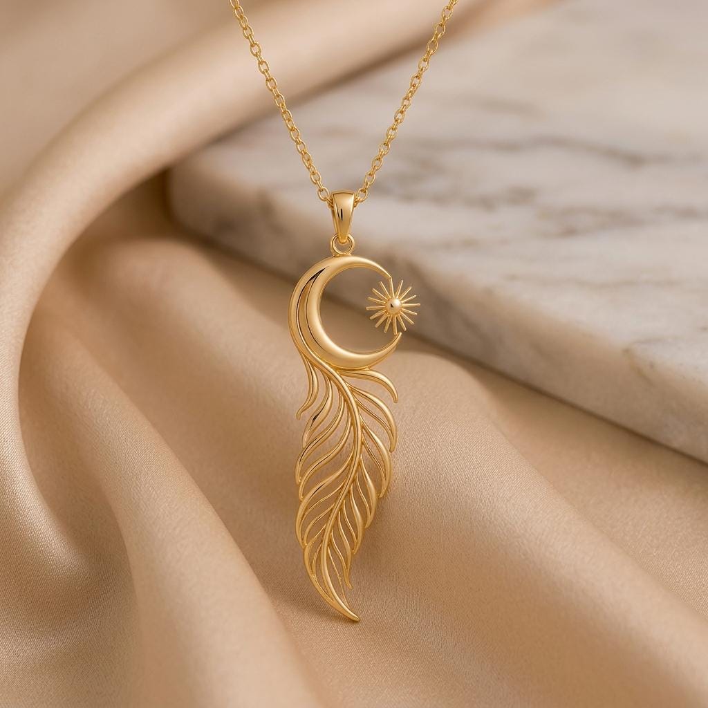 Eclipse Feather Necklace | Gold Plated Silver Jewelry | Celestial Nature Theme | Meaningful Gift for Her