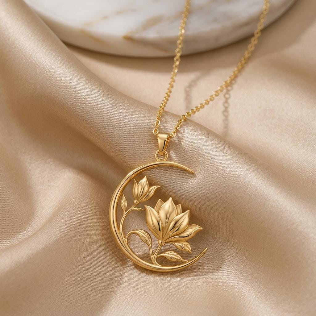 Lunar Magnolia Pendant | 925 Sterling Silver | Celestial Botanical | Meaningful Gift for Her