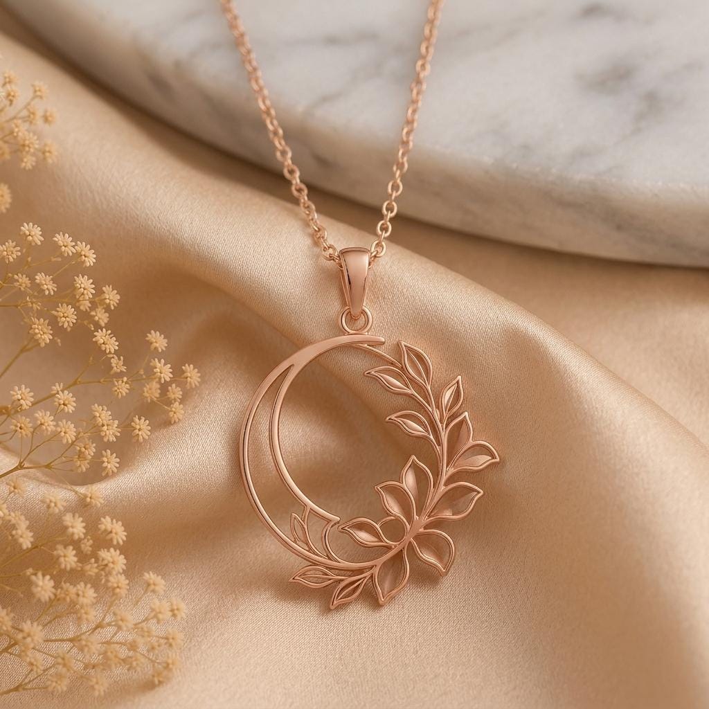 Crescent Petal Frame Necklace | 925 Sterling Silver | Botanical Crescent Design | Meaningful Gift for Her