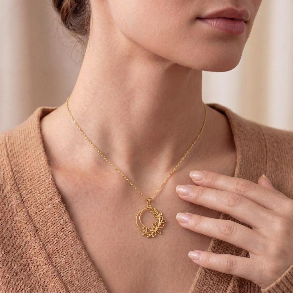 Crescent Petal Frame Necklace | 925 Sterling Silver | Botanical Crescent Design | Meaningful Gift for Her