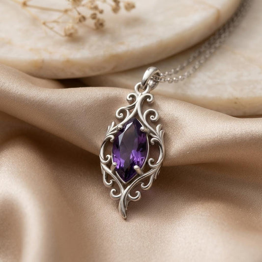 Victorian Leaf Birthstone Necklace | Amethyst - Sterling Silver | Victorian Scrollwork Design | Birthday & Anniversary Gift