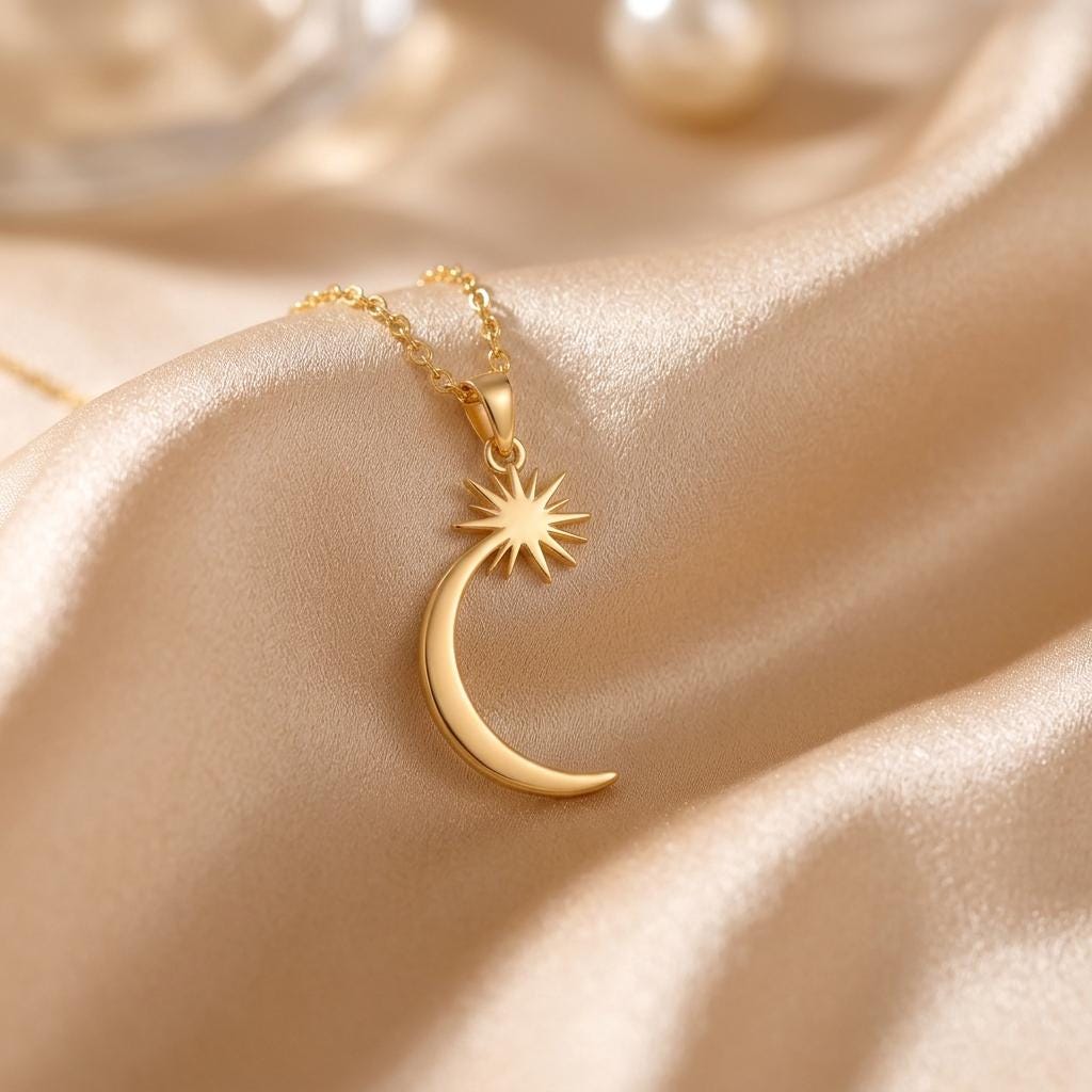 Celestial Crescent Star Necklace | 925 Sterling Silver | Cosmic Theme Jewelry | Meaningful Gift for Her